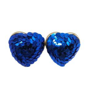 Vintage 1980s Heart Shaped Earrings With Blue Sequin Detailing Gold-Tone Trim